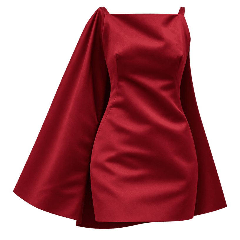 Generated item image of relaxed deep red draped satin-like fabric cape panel