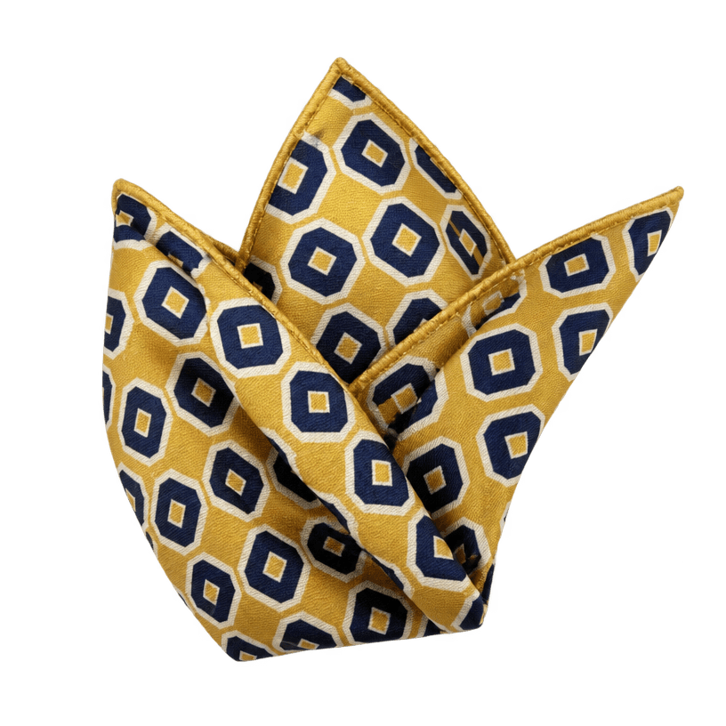Generated item image of yellow, navy, and white geometric print silk-like fabric pocket square
