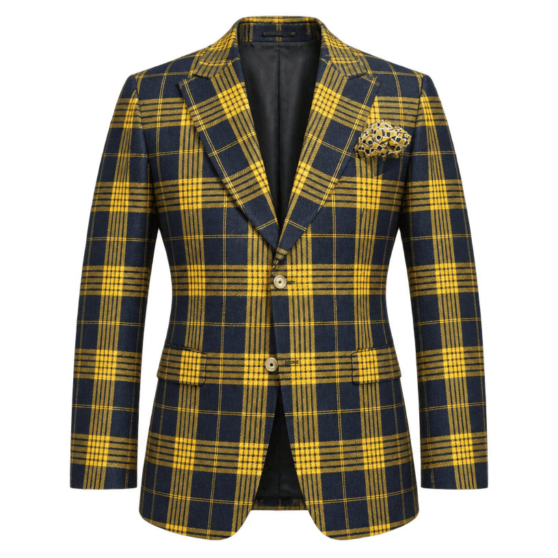 Generated item image of fitted navy and yellow single-breasted woven suiting fabric plaid suit jacket