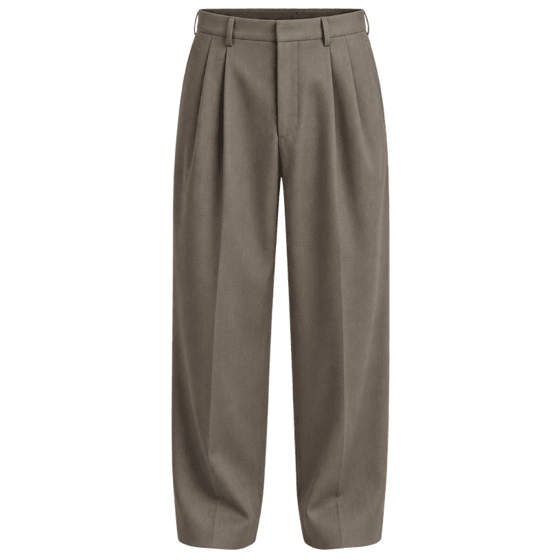 Generated item image of relaxed taupe grey pleated front woven suiting fabric trousers