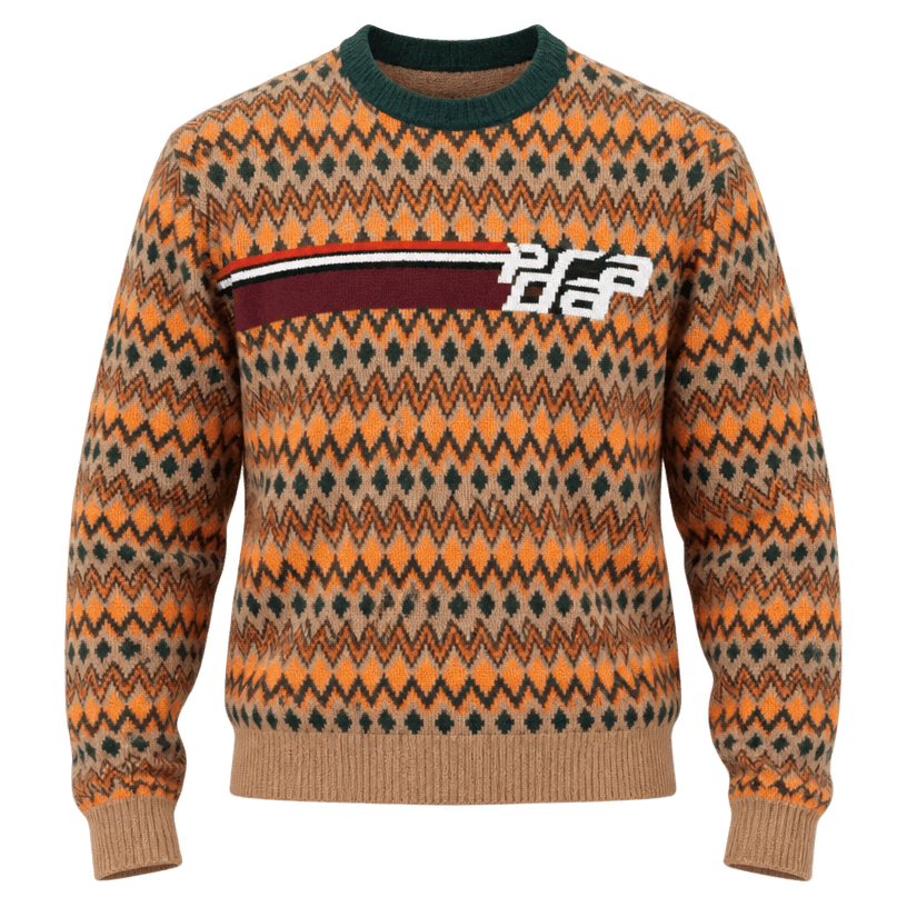 Generated item image of relaxed tan geometric pattern knit crewneck sweater