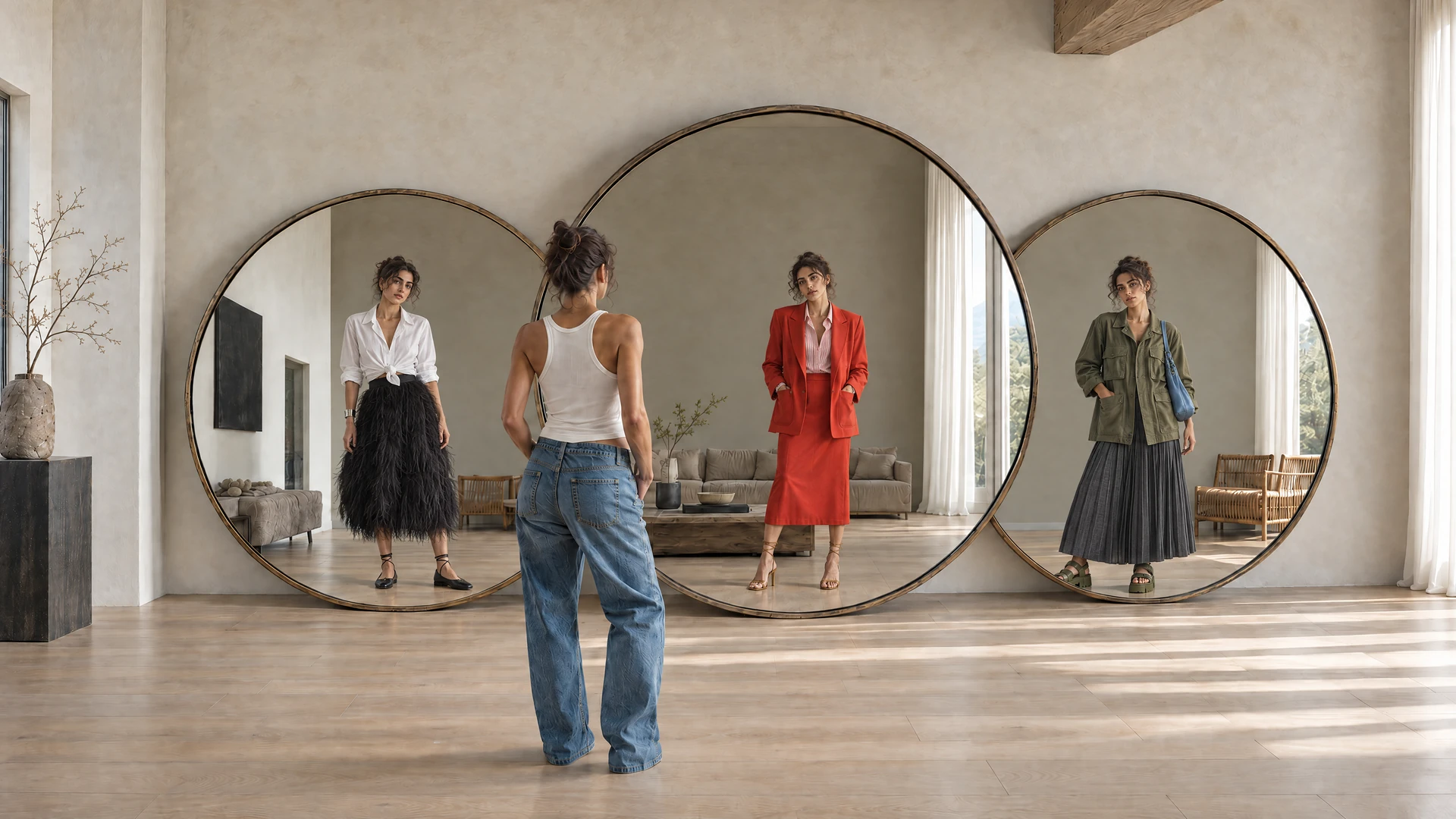 Three round mirrors, each reflecting the same woman in a different look